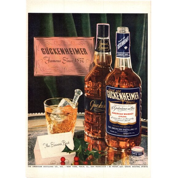 1951 Guckenheimer Whiskey Vintage Print Ad Christmas Holly Silver Platter Art - Picture 1 of 2